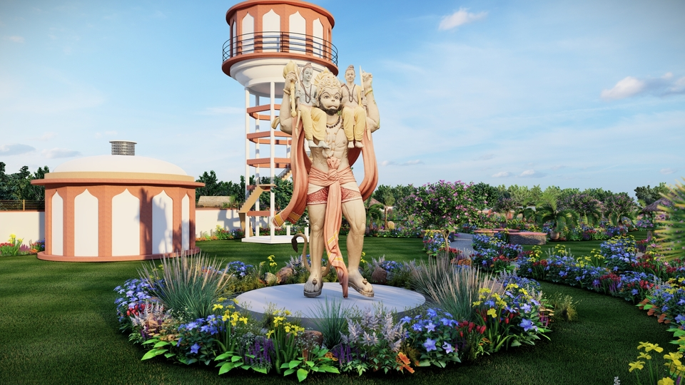 Hanuman statue with landscaped garden and water tank at Panchwati Ajmer – Ghar Zaroori