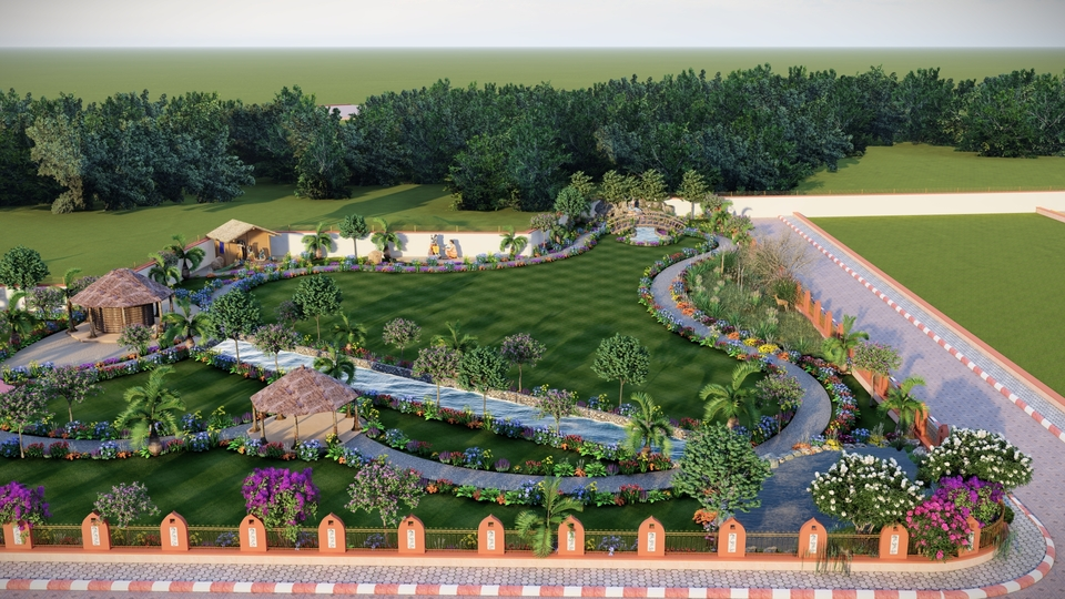 Aerial view of landscaped central park with walking tracks and gazebos at Panchwati Ajmer – Ghar Zaroori